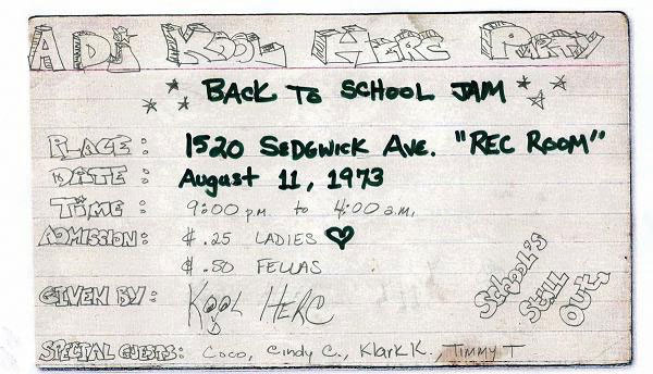 Primer flyer de la historia? Kool Dj Herc organiza y diseña la fiesta "Back to school jam"