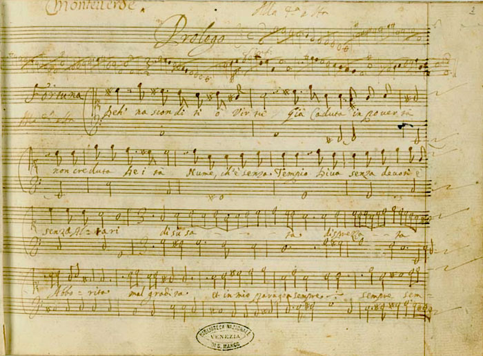 Primera página del "Prologo" del manuscrito de "L'incoronazione di Poppea"