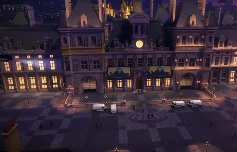 Imagen nocturna del ayuntamiento de París en la serie de animación:"Las aventuras de Ladybug"