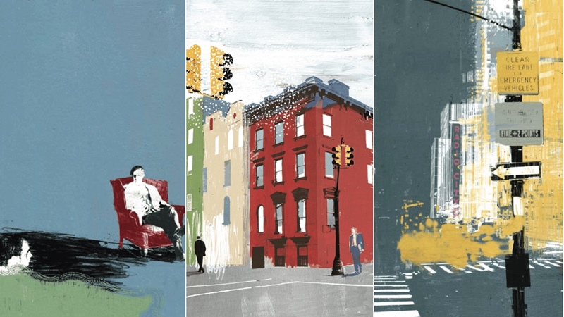 Imágenes de la Trilogía de Nueva York de Paul Auster ilustrada por Tom Burns.